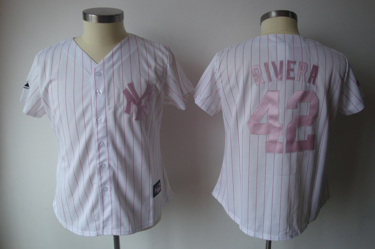 Yankees #42 Mariano Rivera White With Pink Strip Women's Fashion Stitched MLB Jersey - Click Image to Close